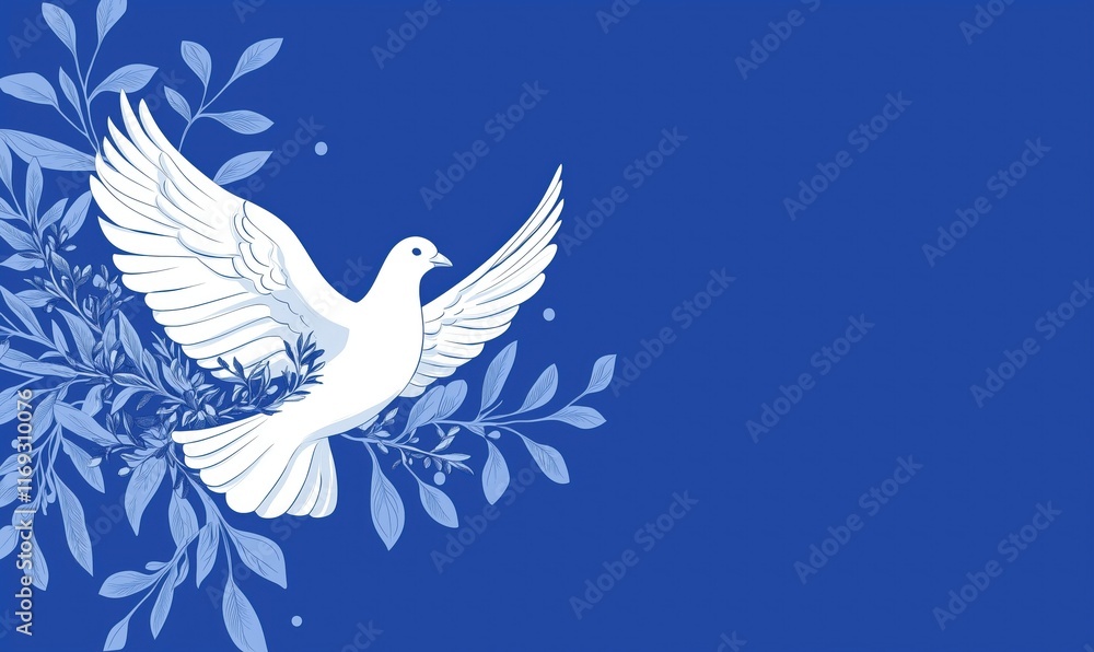 Obraz premium Dove flying amidst blue background with floral elements, symbolizing peace and tranquility