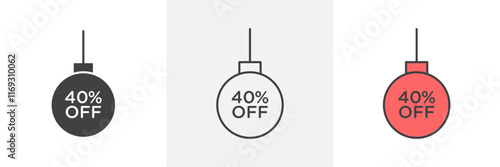 Christmas ball with 40 off discount icons in black and colored versions