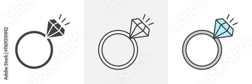 Diamond ring icons in black and colored versions
