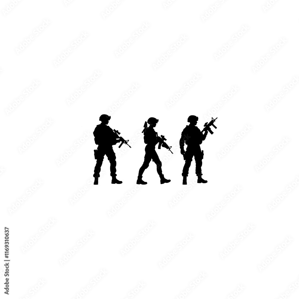 Walking female soldier in action silhouette black filled vector Illustration icon, Three special forces fighters run with their weapons. Vector minimalistic black silhouette sketch with military men, Walking female soldier in action silhouette black filled vector Illustration icon, Three special forces fighters run with their weapons. Vector minimalistic black silhouette sketch with military men,