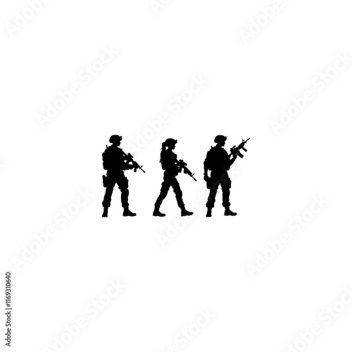 Walking female soldier in action silhouette black filled vector Illustration icon, Three special forces fighters run with their weapons. Vector minimalistic black silhouette sketch with military men,