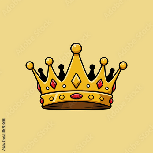 The image shows a cartoon drawing of a gold crown adorned with red gems a symbol of royalty and power.