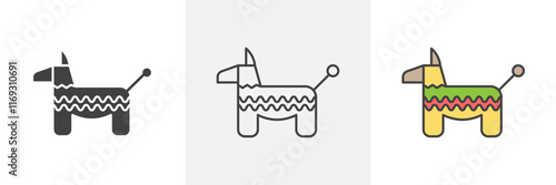 Donkey pinata icons in black and colored versions