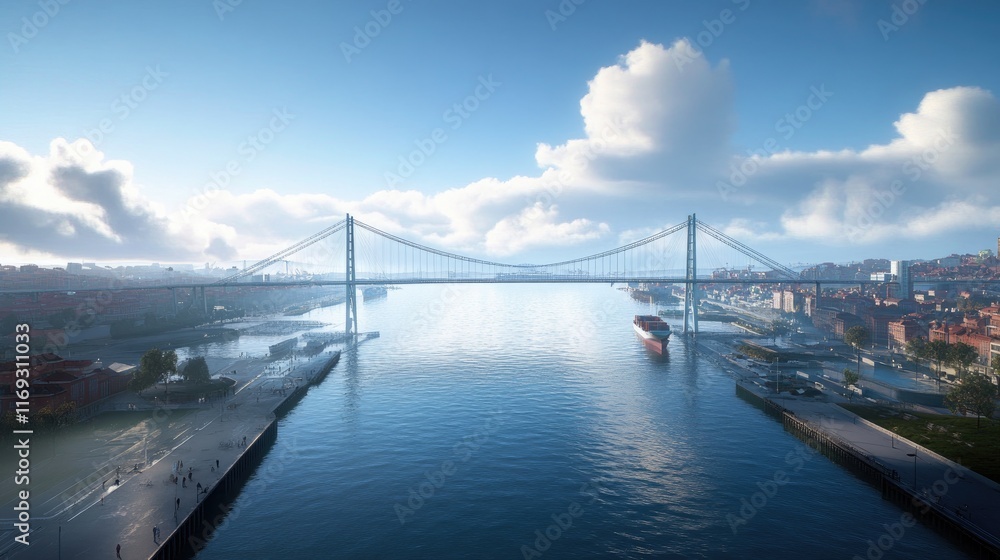 Obraz premium Scenic River View with Bridge and Cityscape under Blue Sky