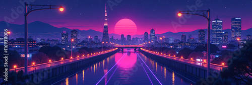 magenta purple neon tokyo city views night inspired anime manga drawings generative