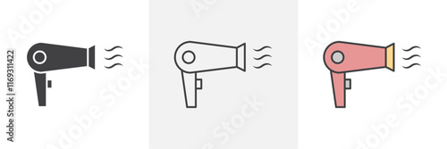 Hair dryer icons in black and colored versions