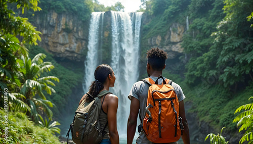 Fototapeta Naklejka Na Ścianę i Meble -  Two black travelers standing in front of a waterfall in a tropical jungle.