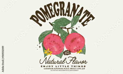 Always fresh and organic. Summer food poster design. Fresh pomegranate fruit print.  Fresh food artwork for for t shirt. Nature watercolor design. Hand sketch artwork. Pomegranate fruit artwork.