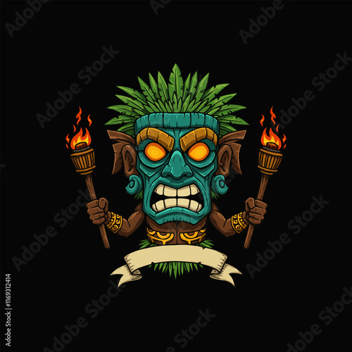 An illustration of an angry tiki god figure holding two flaming torches with a blank banner below.