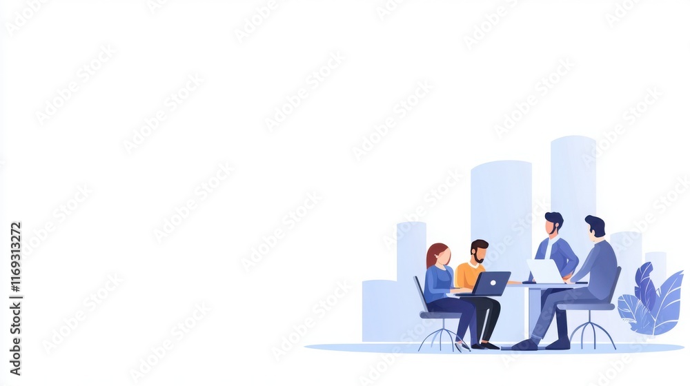 A dynamic template featuring a group of professionals brainstorming around a laptop in a modern office A dynamic template featuring a group of professionals brainstorming around a laptop in a modern office