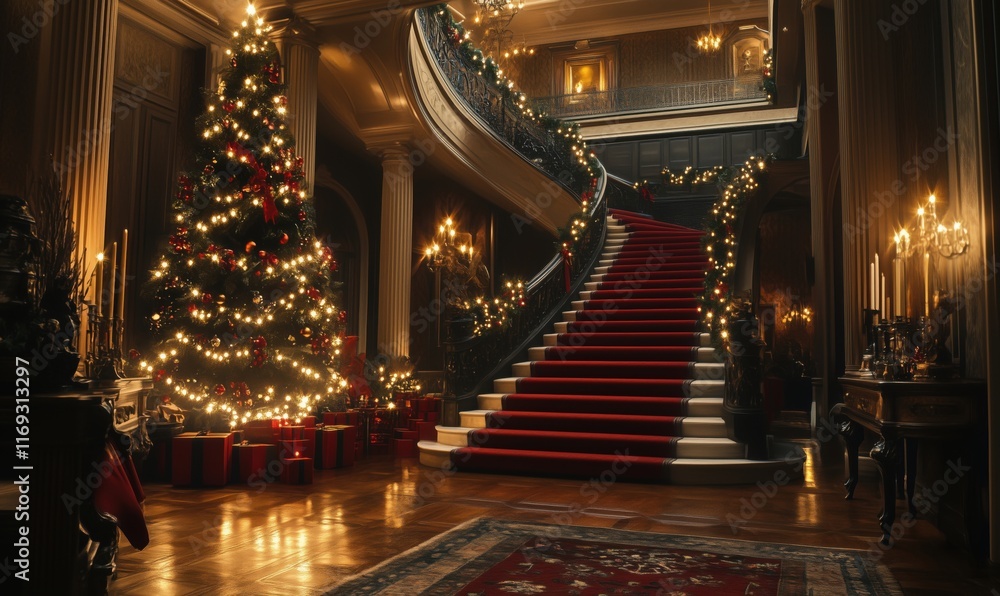 Fototapeta premium Elegant Christmas Decorated Mansion Interior with Grand Staircase, Festive Tree, and Warm Lighting