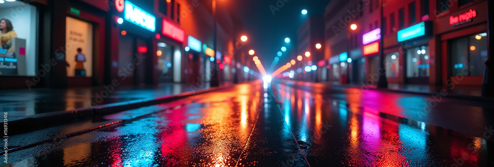 Obraz premium neon lights reflect wet pavement night dark city street abstract shadows spotlights shining