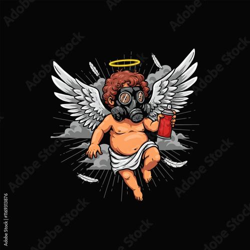 A cherubic angel with wings holds a spray paint can while wearing a gas mask a unique artistic blend of innocence and rebellion.