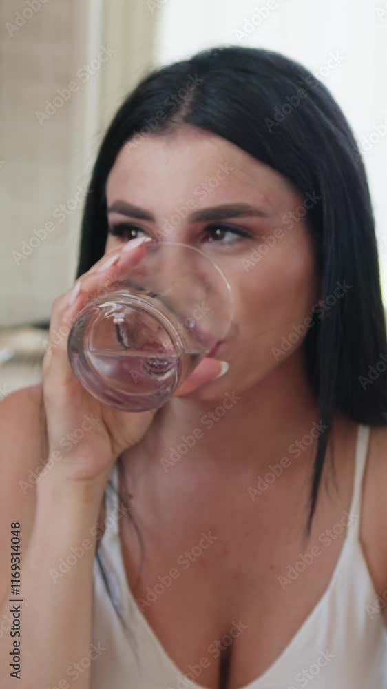Girl Drinks Water From Glass Sitting At Home In Kitchen After Lunch Girl Drinks Water From Glass Sitting At Home In Kitchen After Lunch