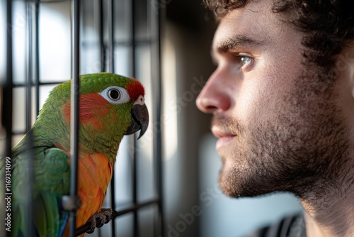 A man gazes gently at a colorful parrot, illustrating a warm interaction that highlights connection between humans and animals in a comfortable, intimate setting. photo