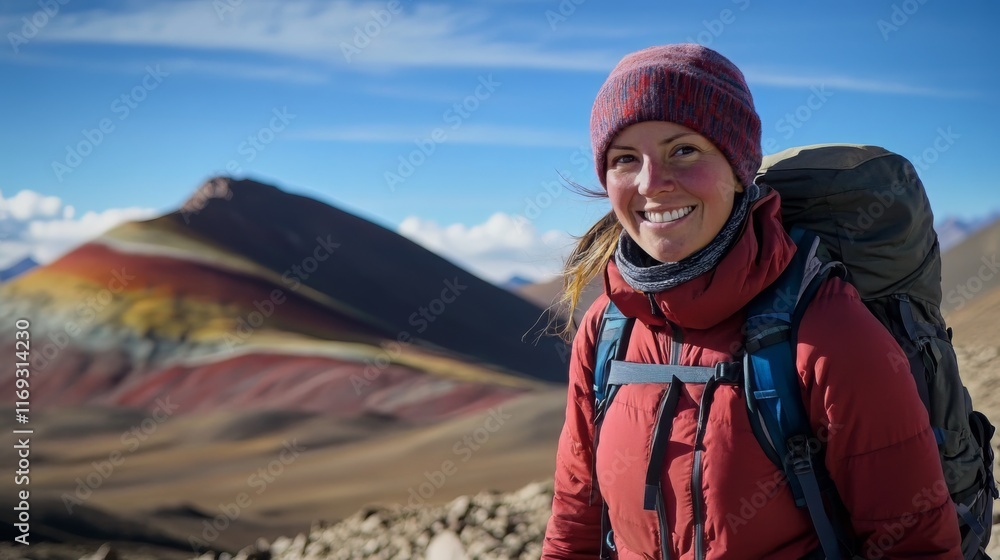 Naklejka premium Smiling Woman Hiking in Colorful Mountain Landscape