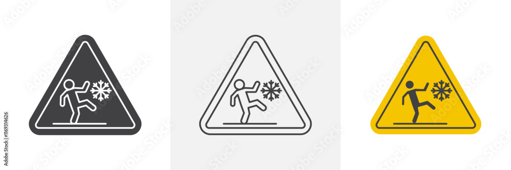 Slippery ice signs set in black and colored versions Slippery ice signs set in black and colored versions