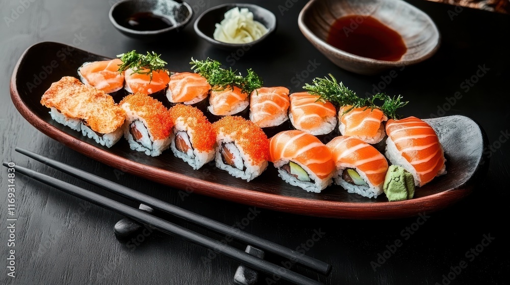 Delicious sushi platter with salmon and roe filling japanese cuisine Delicious sushi platter with salmon and roe filling japanese cuisine