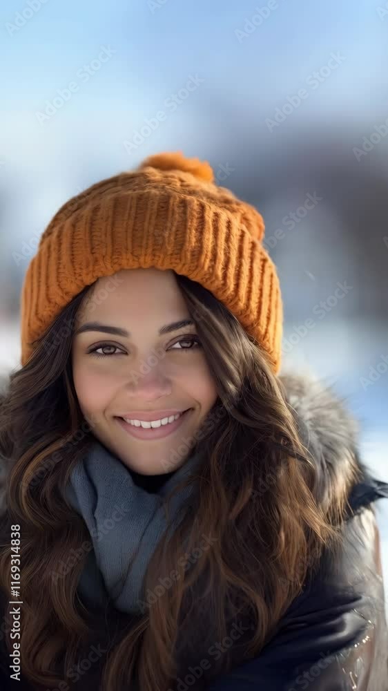 Gorgeous Latina headshot portrait looking at camera with snowy landscape as background Gorgeous Latina headshot portrait looking at camera with snowy landscape as background