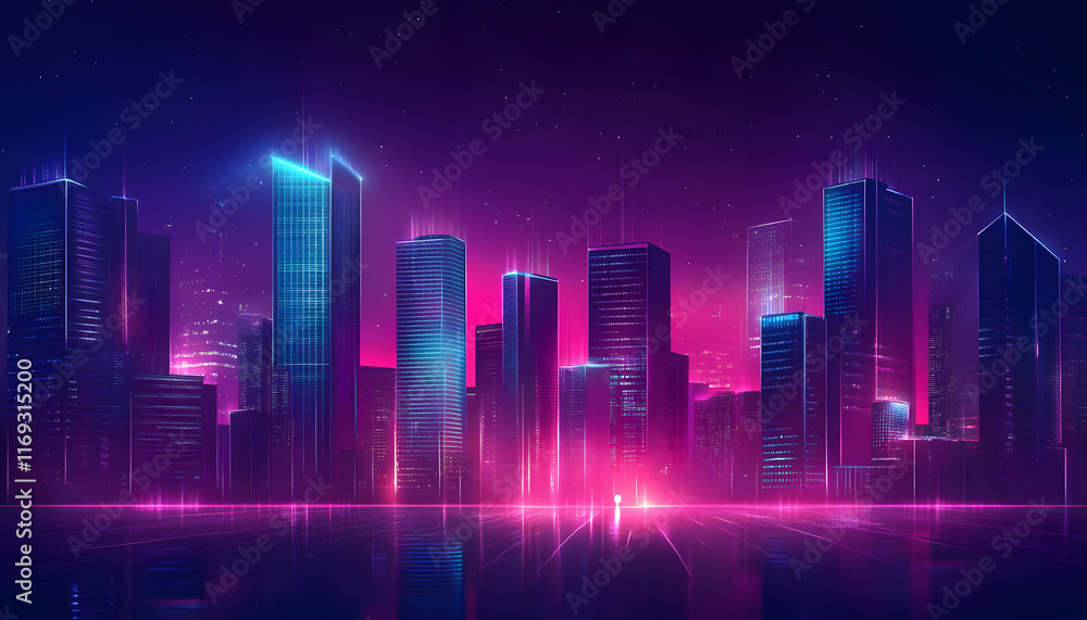 Neon Cityscape at Night Glowing Skyscrapers Reflecting Light Neon Cityscape at Night Glowing Skyscrapers Reflecting Light