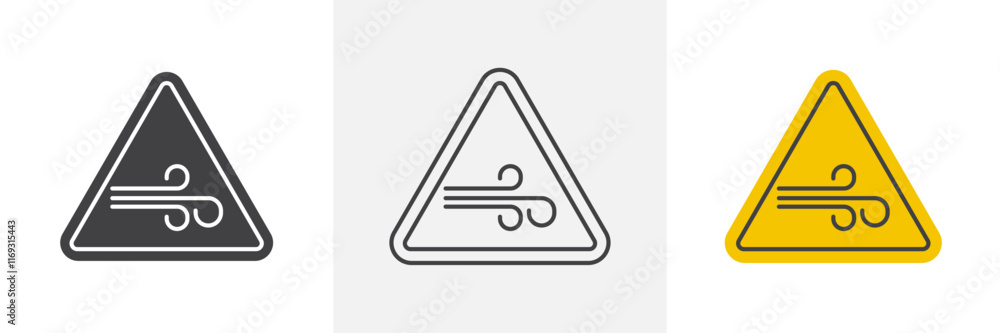 Wind warning signs set in black and colored versions Wind warning signs set in black and colored versions