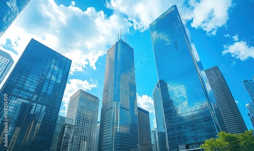 Modern skyscrapers reflecting blue sky and clouds in urban landscape, showcasing architectural design and city life