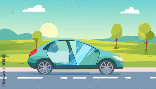A beautiful blue car gracefully glides along a winding road, basking in the warm sunlight and thoroughly enjoying the delightful weather on its scenic journey