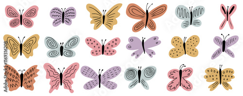 Cute doodle butterfly set in pastel colors, hand drawn design collection