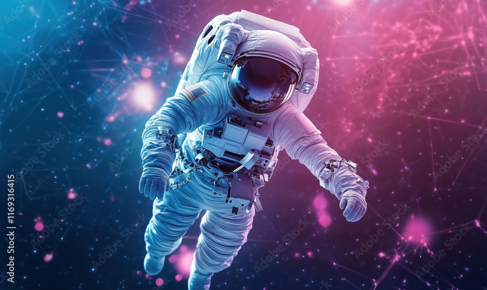Fototapeta premium Astronaut floating in vibrant cosmic space, surrounded by colorful nebulae and stars, showcasing advanced space exploration technology