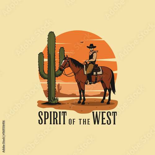 A cowboy sits atop a horse against a desert sunset backdrop near a tall cactus.