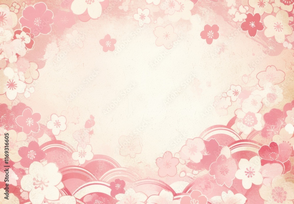 Japanese pattern background with blank area for text, pink and beige color scheme, featuring cherry blossoms and clouds, delicate brush strokes Japanese pattern background with blank area for text, pink and beige color scheme, featuring cherry blossoms and clouds, delicate brush strokes