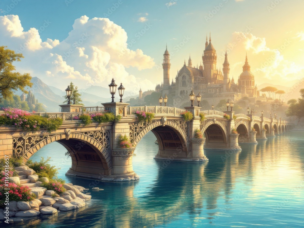 Fototapeta premium Enchanting Fantasy Castle with Ornate Bridge Over Serene Lake