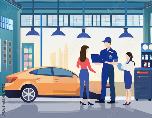a mechanic with a wrench stands near a damaged car in service center, vector illustration