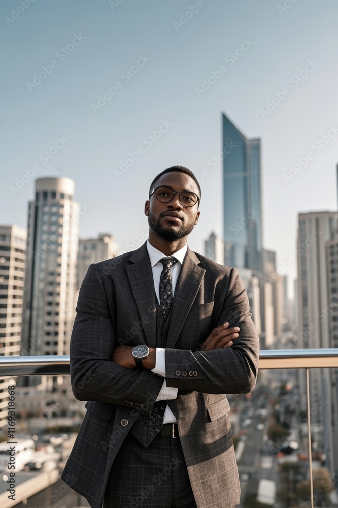 arafed man in a suit and tie standing on a balcony with a city in the background arafed man in a suit and tie standing on a balcony with a city in the background