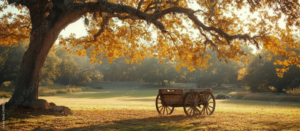Obraz premium Rustic wooden wagon under autumn tree.