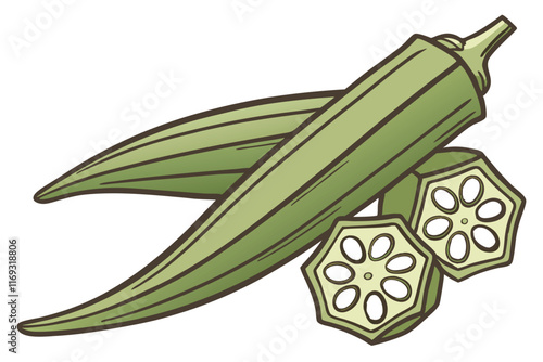 A vibrant green okra pod with visible ridges, placed diagonally