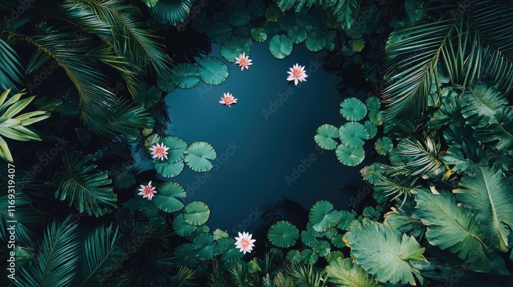 Obraz premium Serene Aerial View of Water Lilies Surrounded by Lush Greenery
