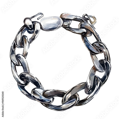 A watercolor vector painting of a modern silver chain bracelet, isolated on a white background. Modern silver chain bracelet vector.


