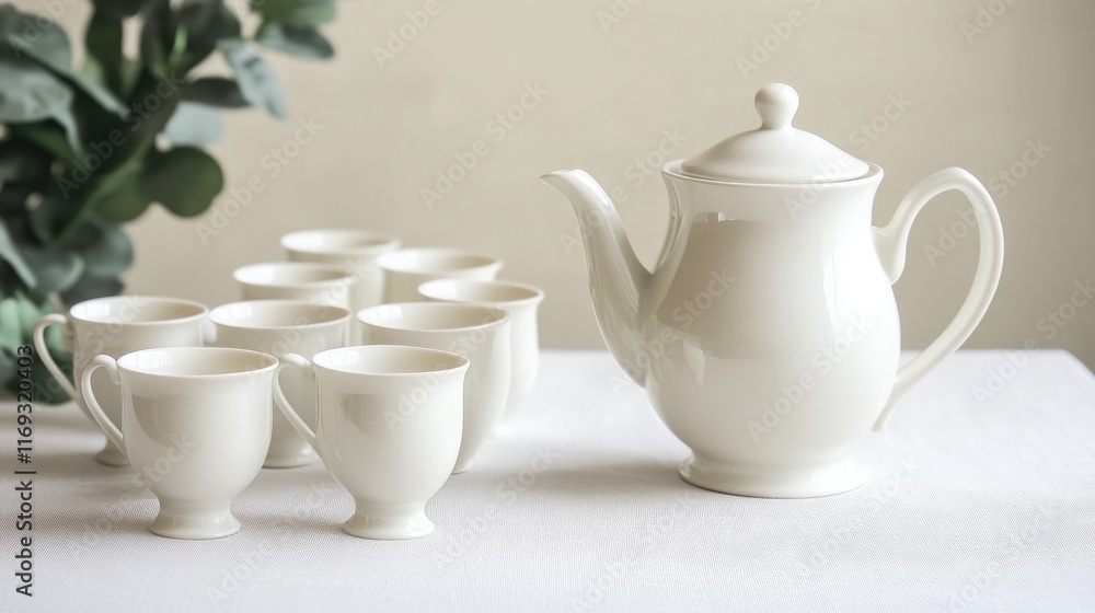 Elegant White Teapot and Cups on a Soft Table Setting Elegant White Teapot and Cups on a Soft Table Setting
