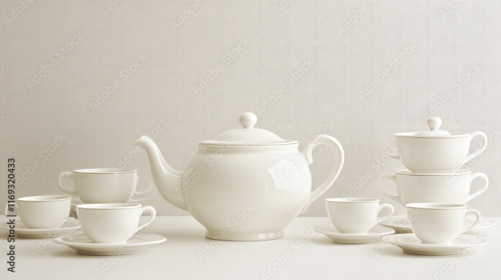 Elegant White Teapot and Teacups Set on Minimalist Background Elegant White Teapot and Teacups Set on Minimalist Background