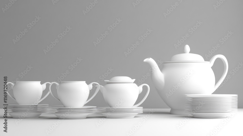 Elegant White Tea Set with Plates on a Simple Gray Background Elegant White Tea Set with Plates on a Simple Gray Background
