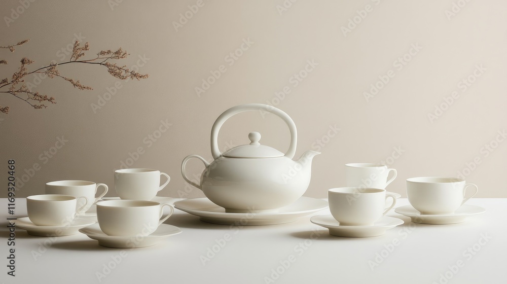 Elegant White Ceramic Teapot and Cups Arrangement on Table Elegant White Ceramic Teapot and Cups Arrangement on Table