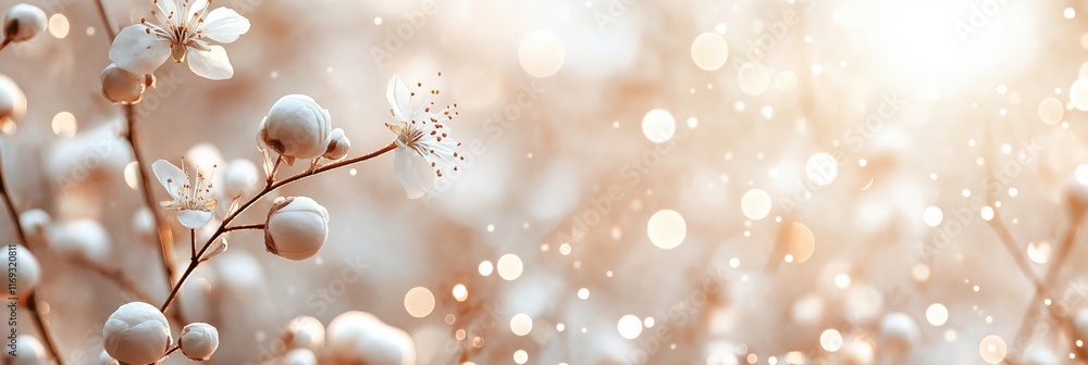 Fototapeta premium An abstract background featuring soft white flowers and bokeh lights, creating a gentle and serene atmosphere