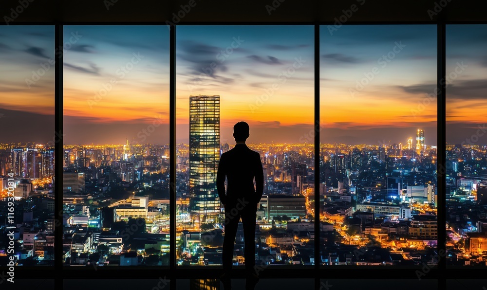 Fototapeta premium City skyline at sunset viewed from high-rise building, silhouette of man in formal attire, vibrant urban landscape, glowing lights, panoramic view