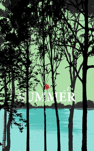 Colorful Nature landscape portrait scene vector illustration river rurals scenary book cover wall artwork poster banner wallpaper trees fog mist birds text summer