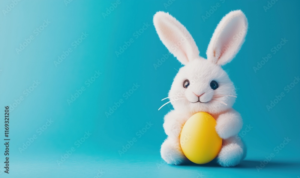 Fototapeta premium Cute white bunny holding yellow Easter egg against vibrant blue background, perfect for spring celebrations and holiday decorations