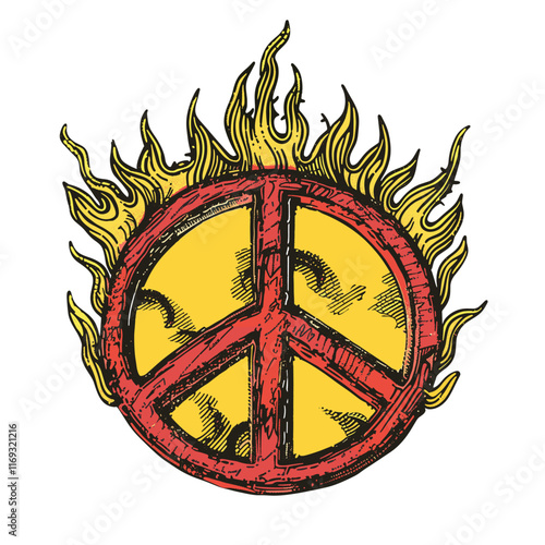 Flaming peace symbol, red with fiery flames.