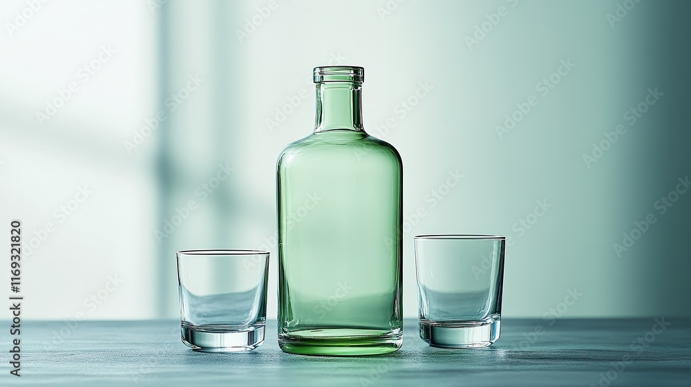 Classic green soju bottle paired with small, transparent shot glass filled with clear spirit, capturing essence of traditional Korean beverage presentation. Classic green soju bottle paired with small, transparent shot glass filled with clear spirit, capturing essence of traditional Korean beverage presentation.