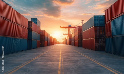 Shipping containers lined up at port during sunset, vibrant colors illuminating the scene, industrial landscape with cranes in background photo