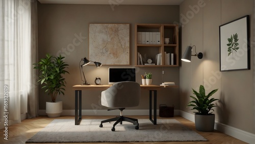 A staged home office interior with a desk, chair, and shelving is pictured. The room is well lit, and includes potted plants and framed artwork.

 photo